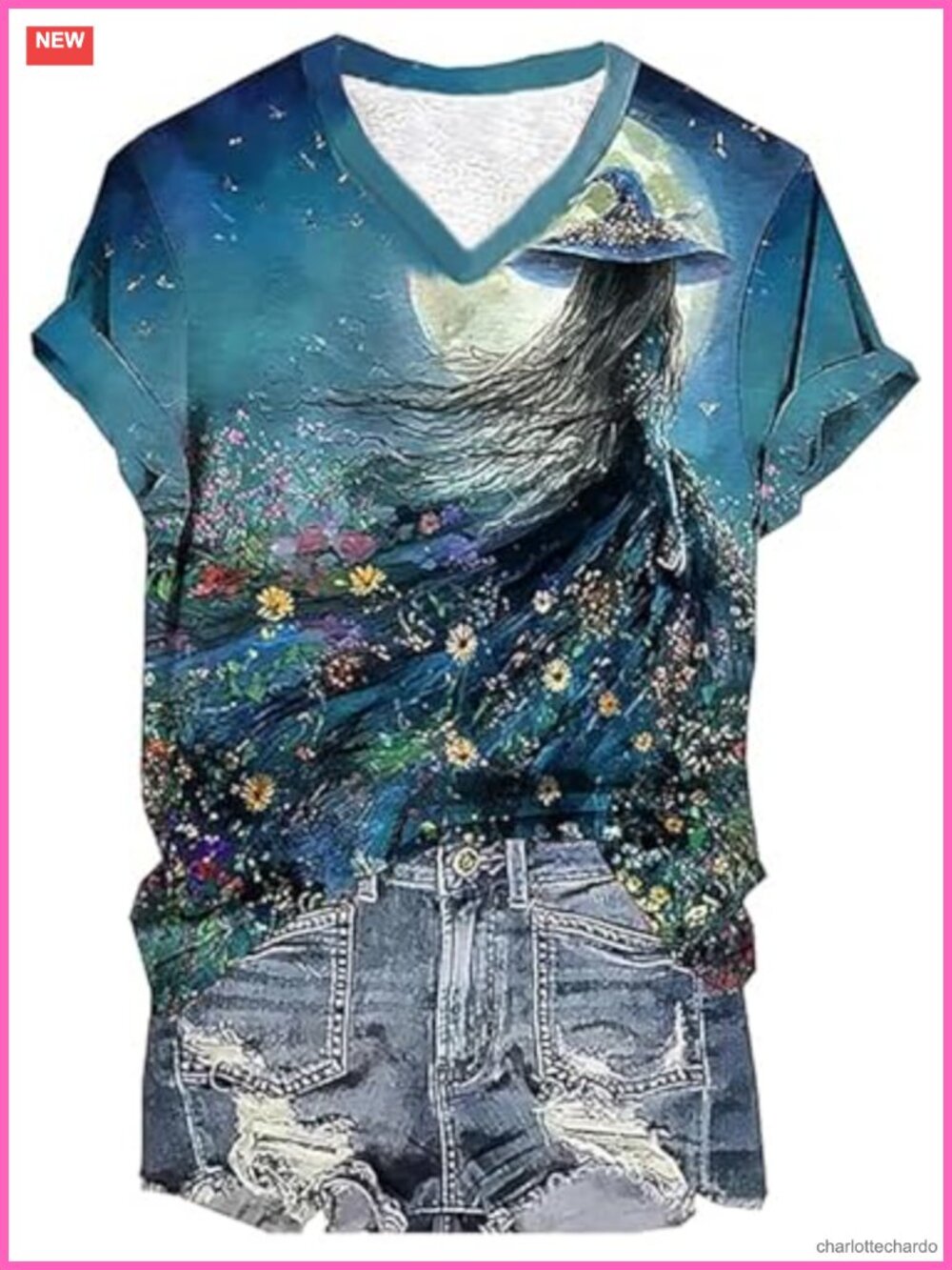 Womens Vintage Halloween Witch Graphic T Shirt Short Sleeve V-Neck Fall Tee